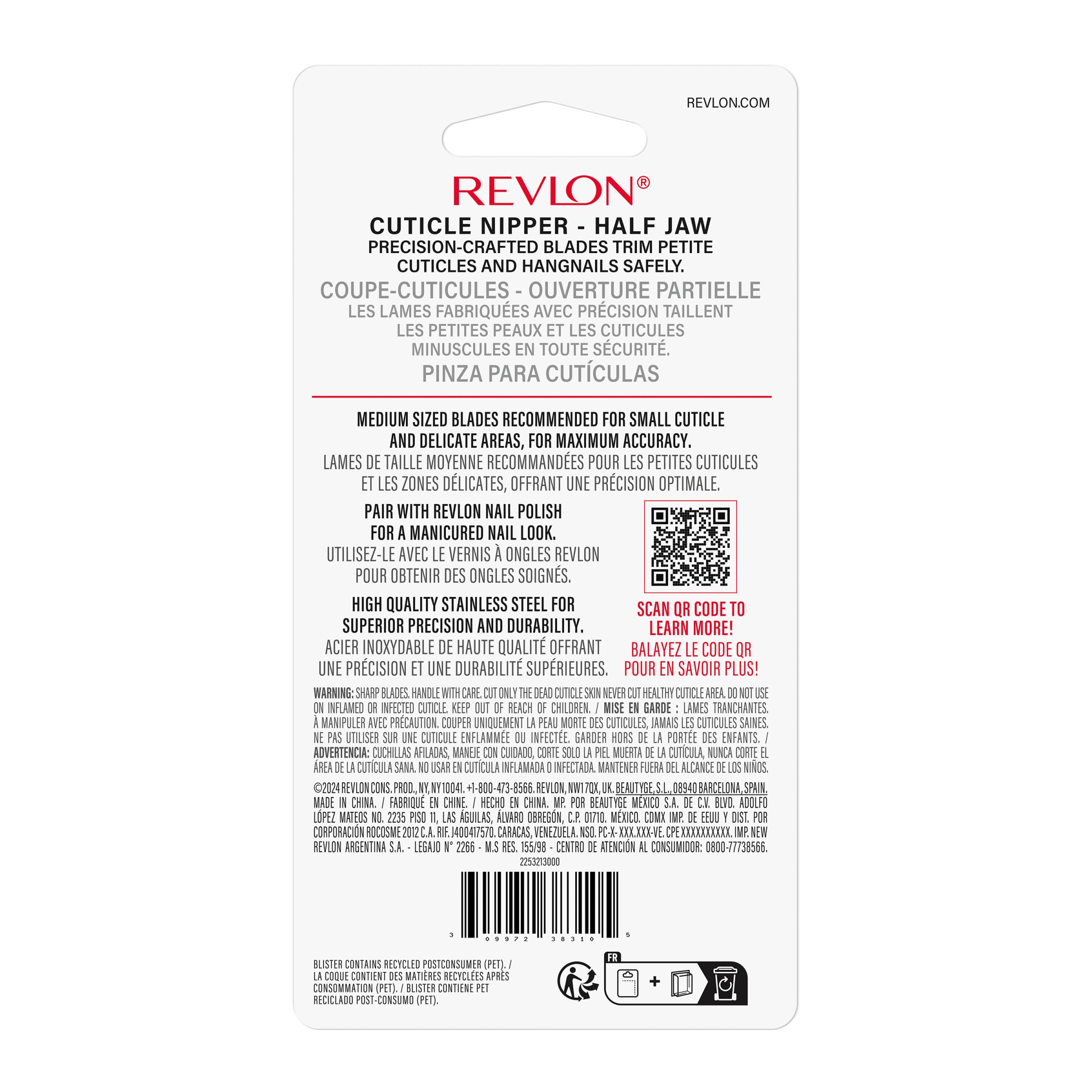 Revlon half jaw cuticle nipper made of stainless steel for durability.
