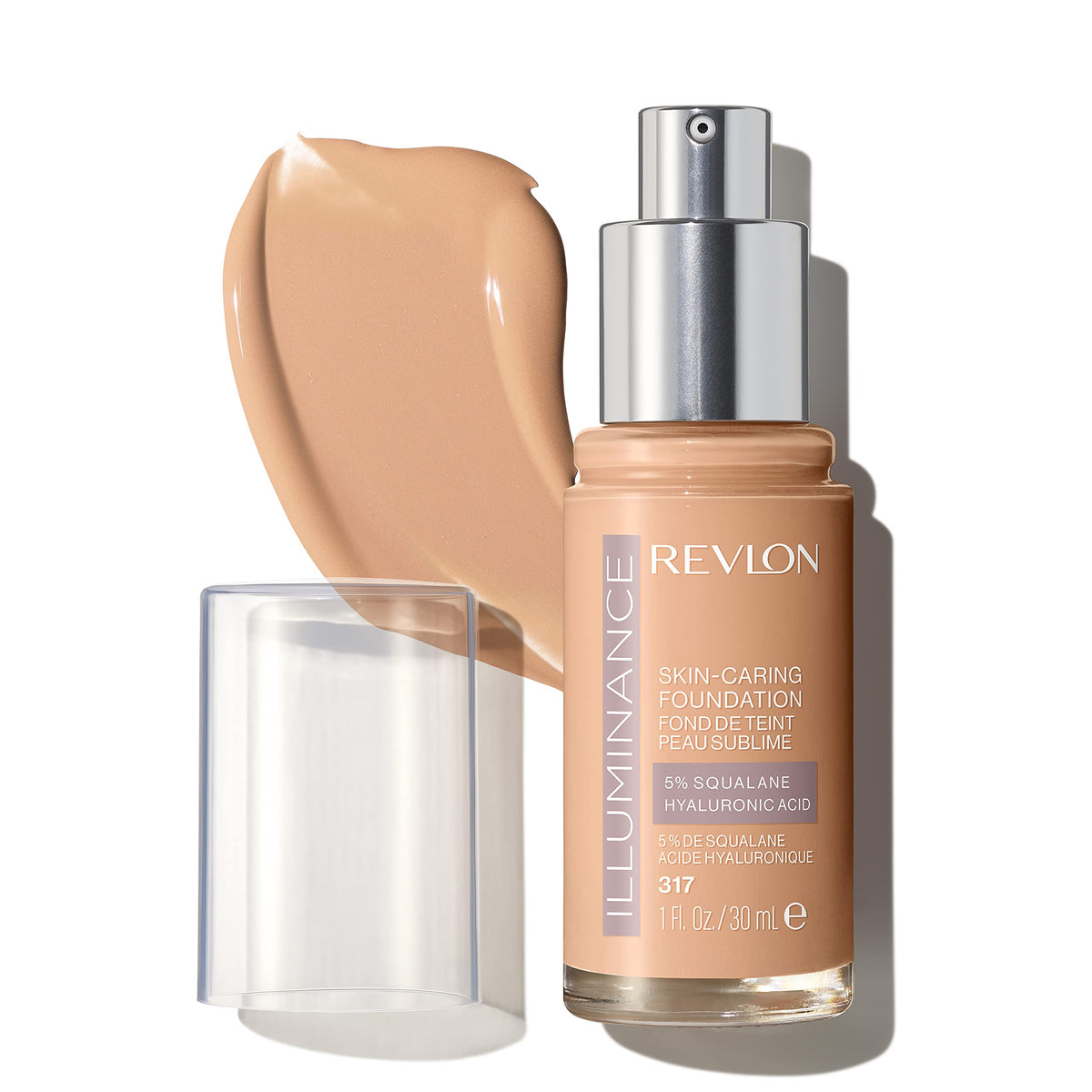 Revlon Illuminance foundation bottle shows a hydrating formula for radiant skin.