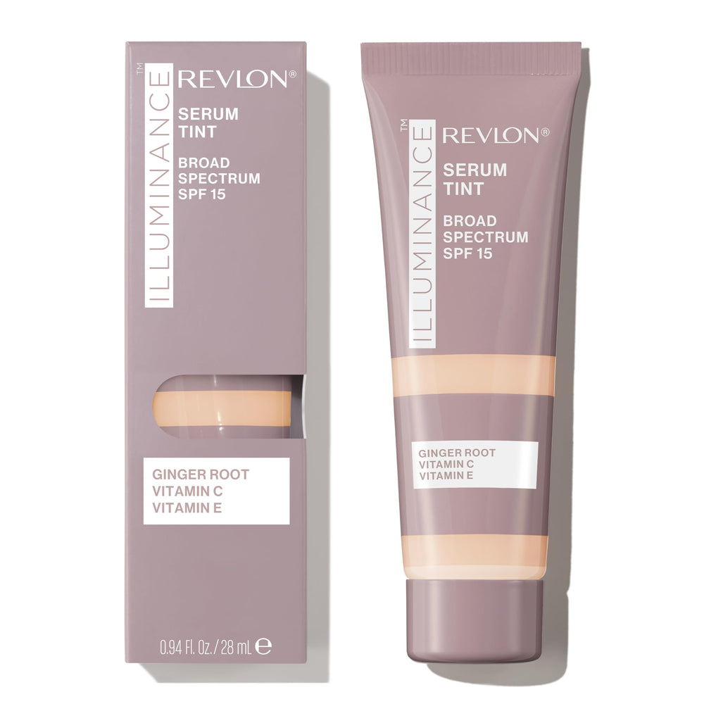 Revlon Iluminancia Serum Tintado, botella en primer plano, acabado satinado y luminosidad natural.