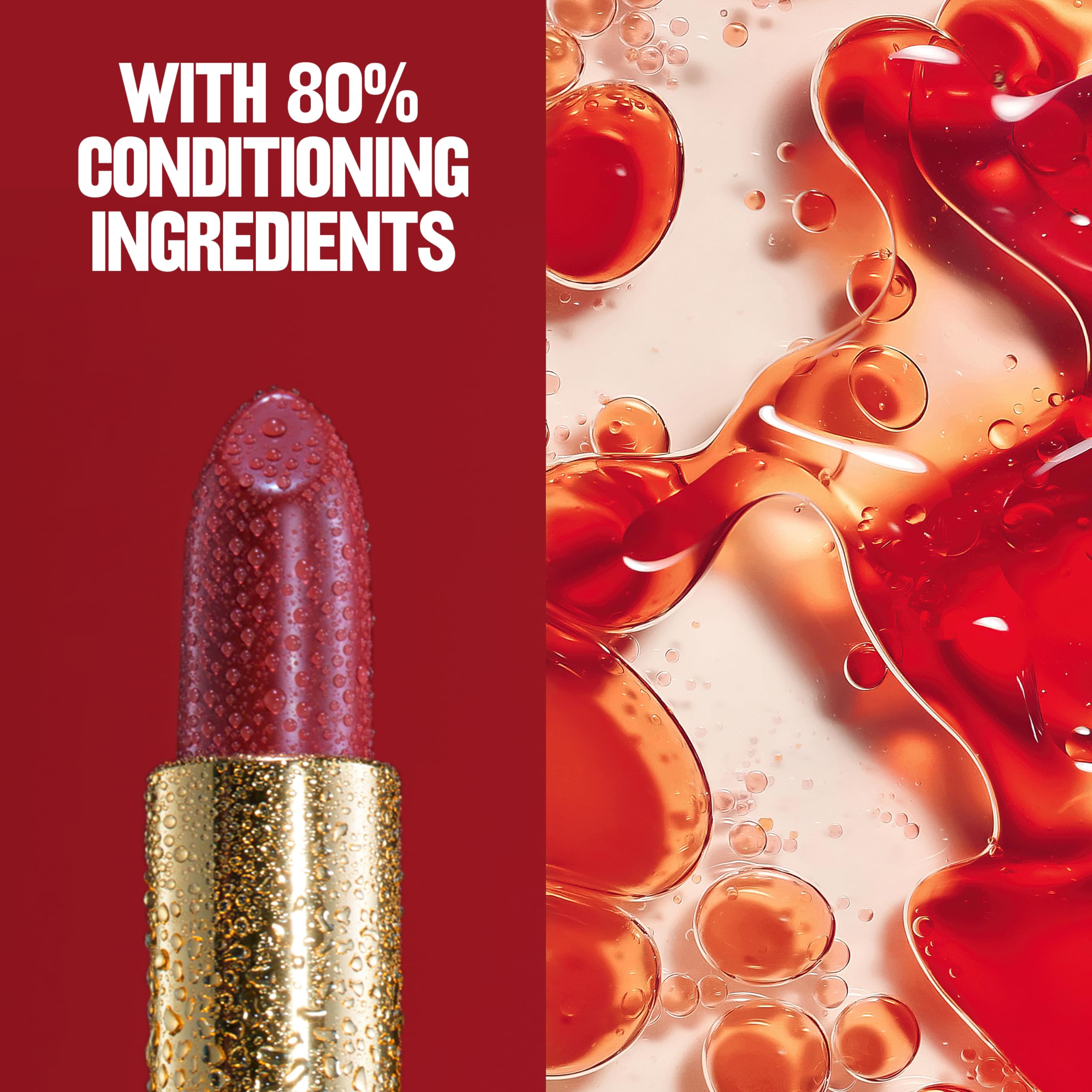 REVLON Lip color close-up emphasizes conditioning formula and comfort.