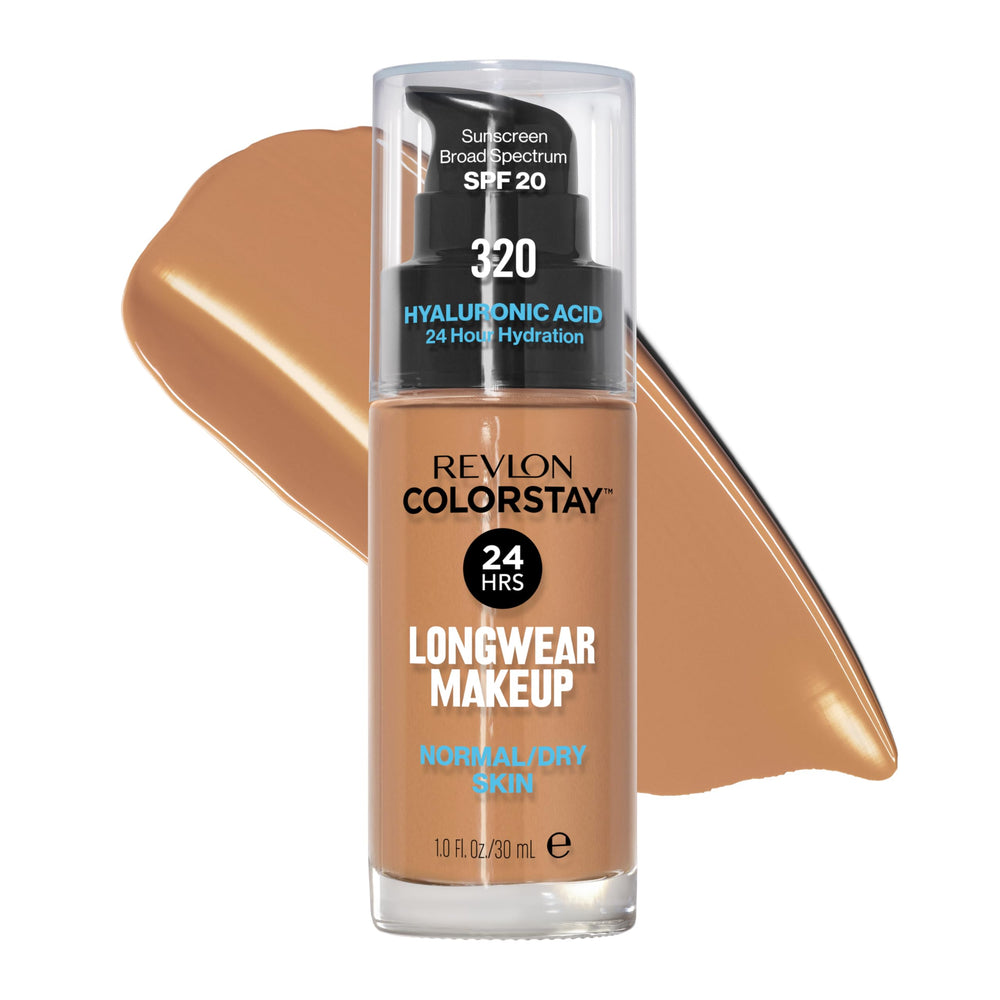 REVLON ColorStay foundation bottle close-up shows true beige shade and long-wear potential.