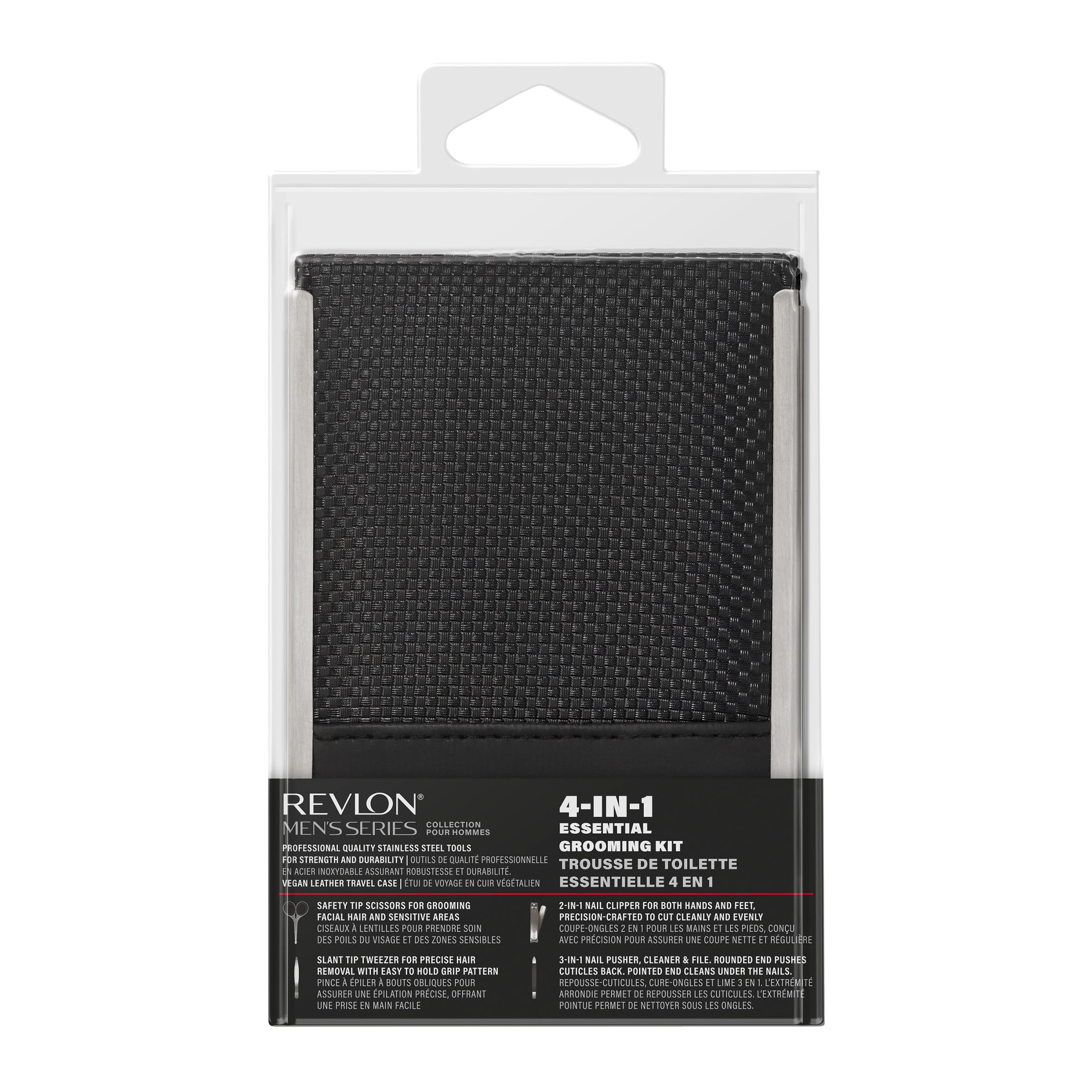 Revlon Men's Series grooming tools case closeup highlights durable stainless steel.