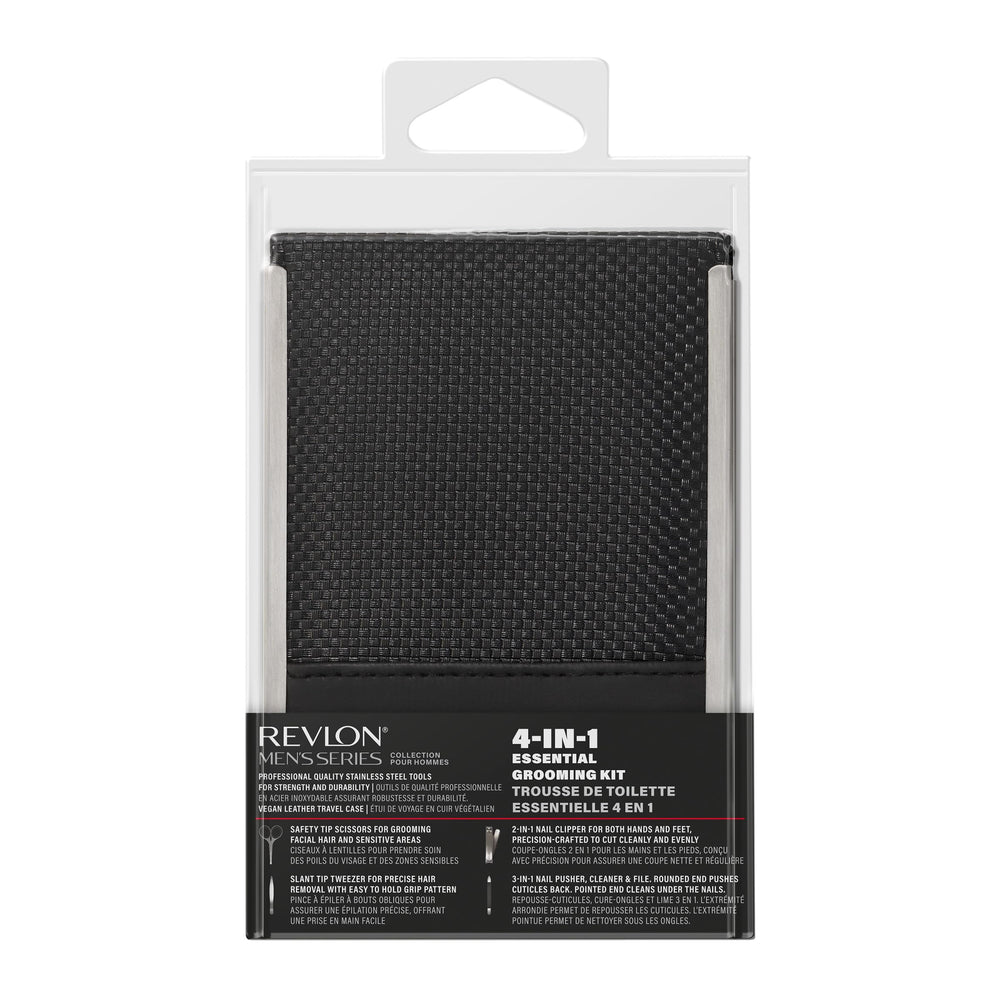 Revlon Men's Series grooming tools case closeup highlights durable stainless steel.