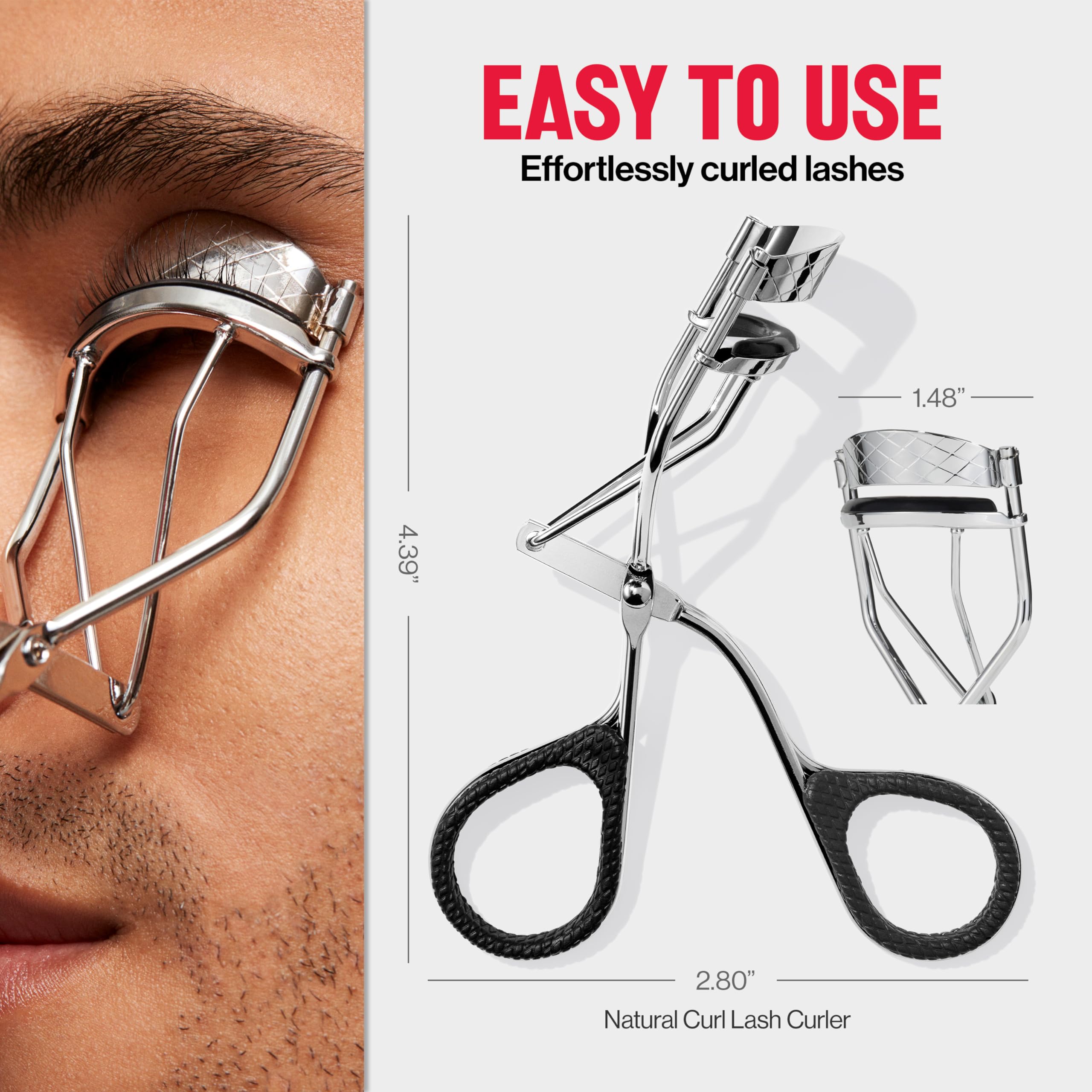 Revlon Natural Curl Lash Curler shows dimensions for comfortable handling.