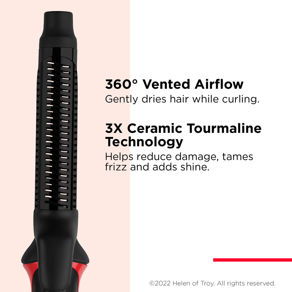 Revlon One-Step Blowout Styler vented barrel distributes heat gently for frizz reduction.