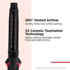 Revlon One-Step Blowout Styler vented barrel distributes heat gently for frizz reduction.
