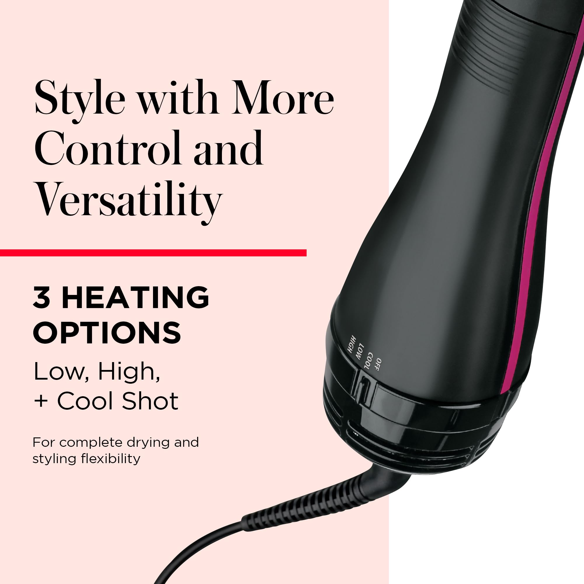 REVLON One-Step ergonomic handle offers comfortable, extended styling sessions.