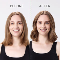 REVLON One-Step Root Booster body and curls highlighting crown volume.