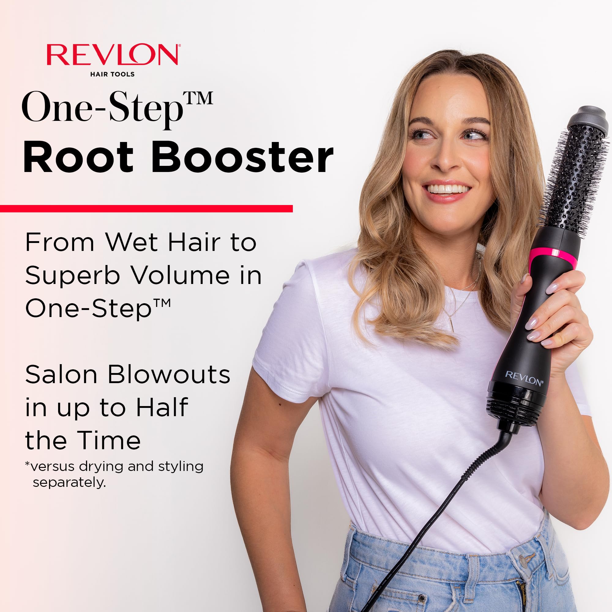 REVLON One-Step Root Booster boosted roots for noticeable lift and volume.