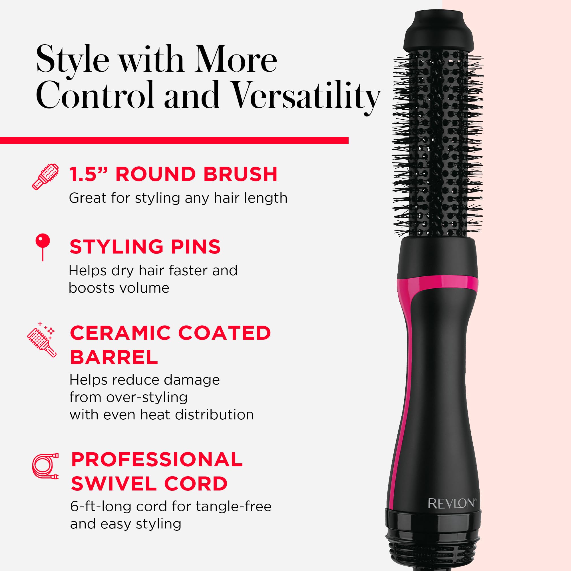 REVLON One-Step Root Booster ionic technology delivers shine with reduced frizz.