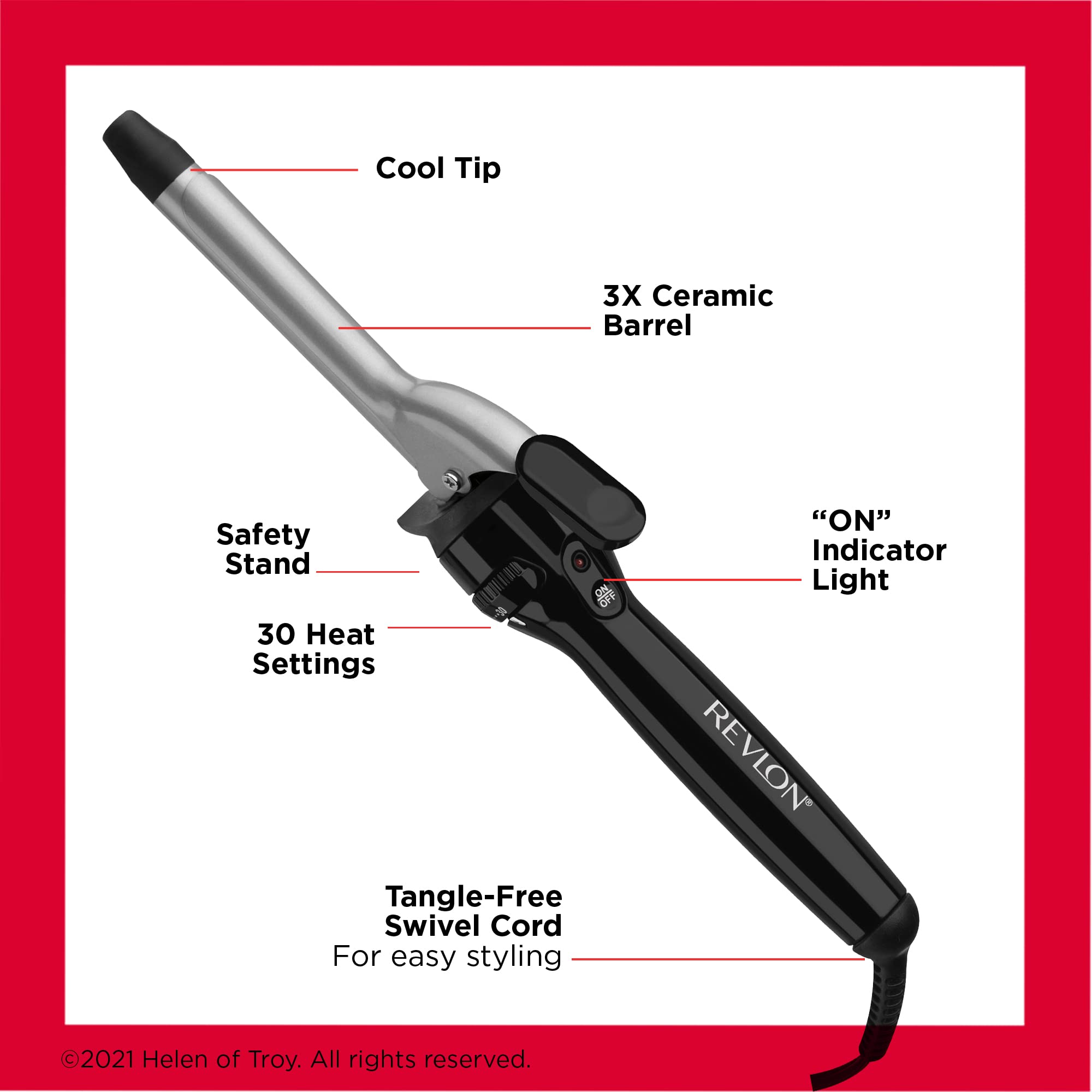 REVLON Perfect Heat curling iron shown beside mirror with smooth curl results.