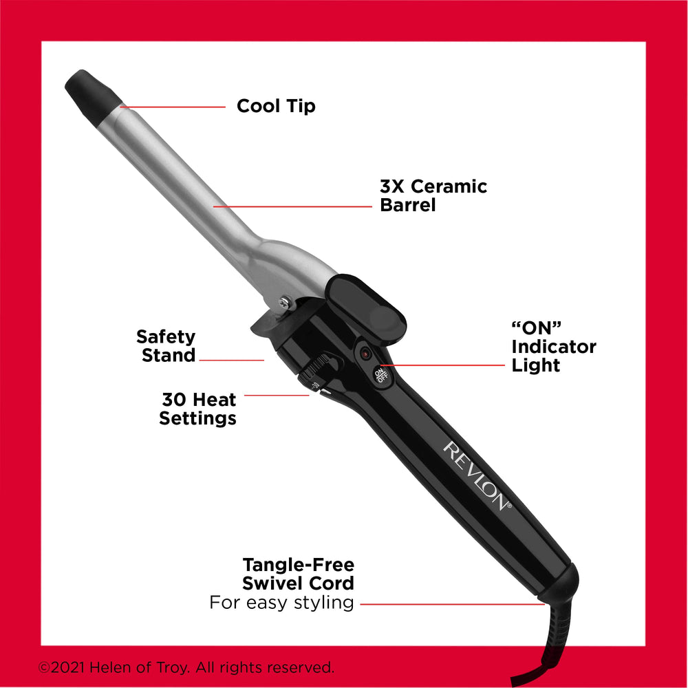 REVLON Perfect Heat curling iron shown beside mirror with smooth curl results.