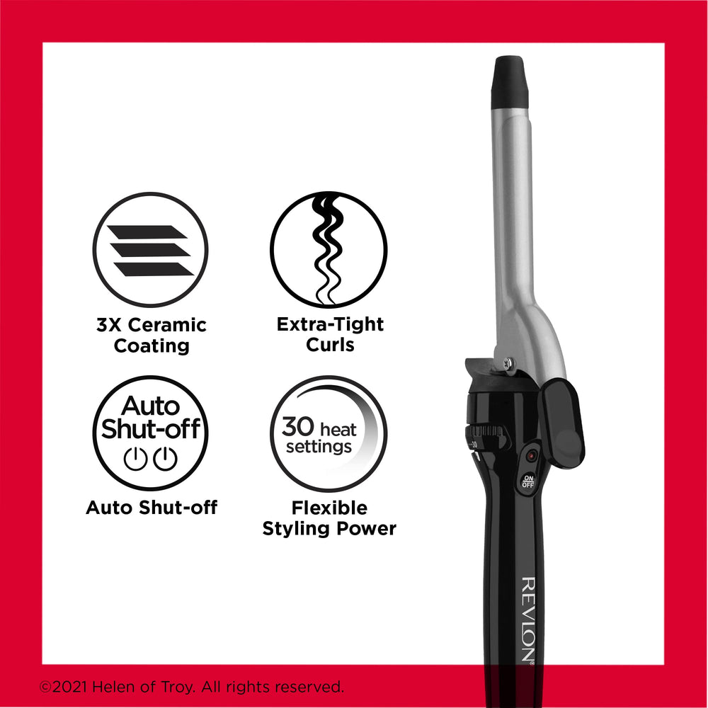 Product shot highlighting the dual voltage feature on REVLON curling iron.