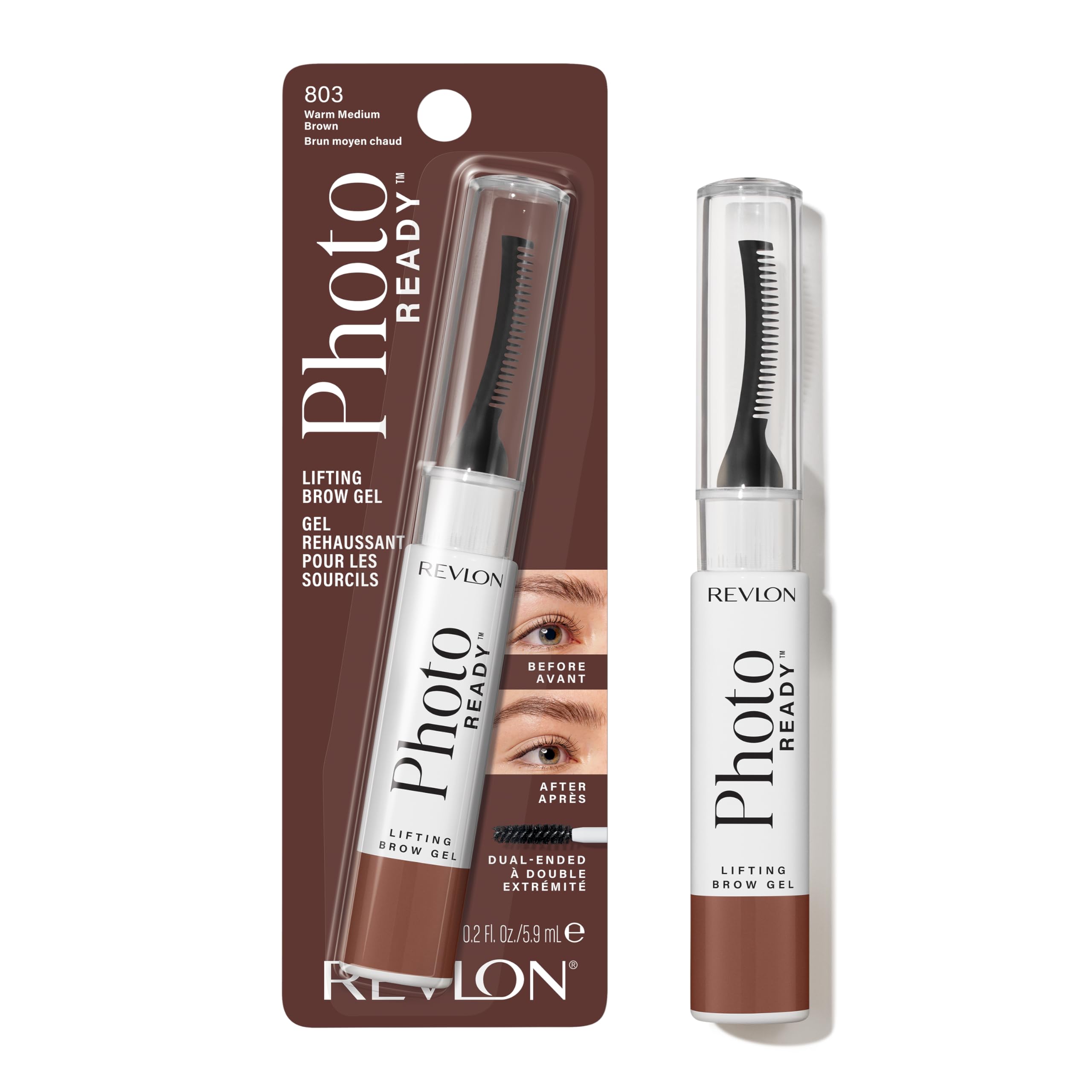 Revlon PhotoReady levantamiento-cejas gel envase compacto para retoques diarios.