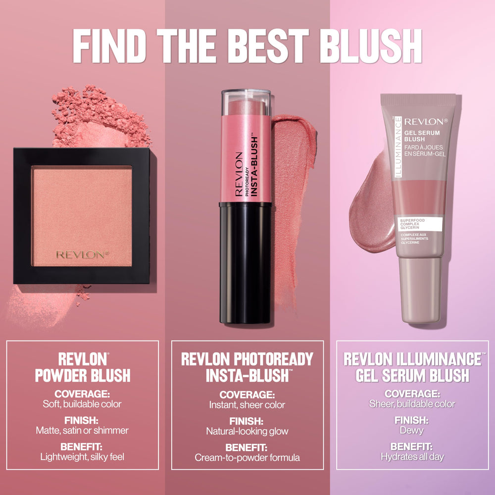 Revlon Powder Blush finishes include matte, satin, and shimmer textures