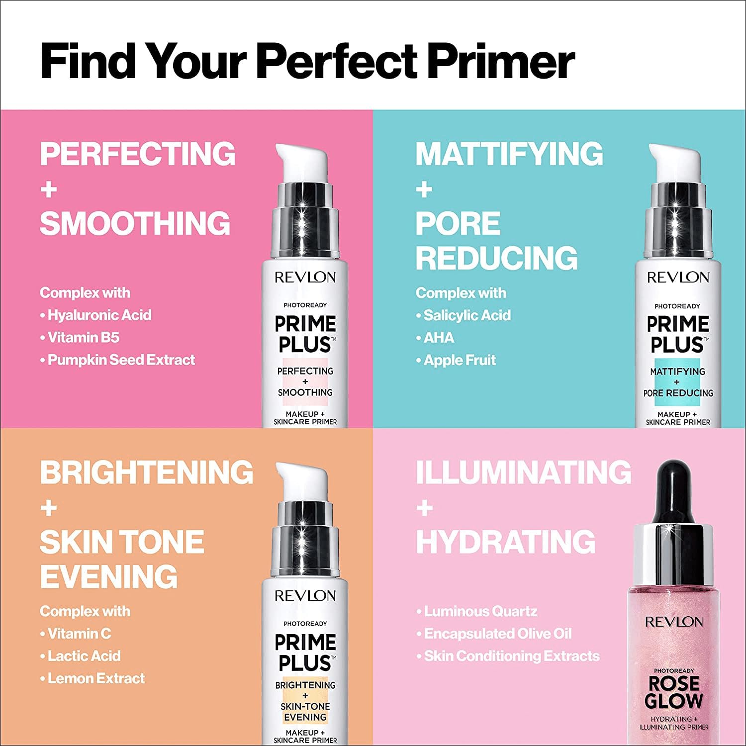 Revlon primer de rostro con ácido salicílico y AHA para piel fresca.