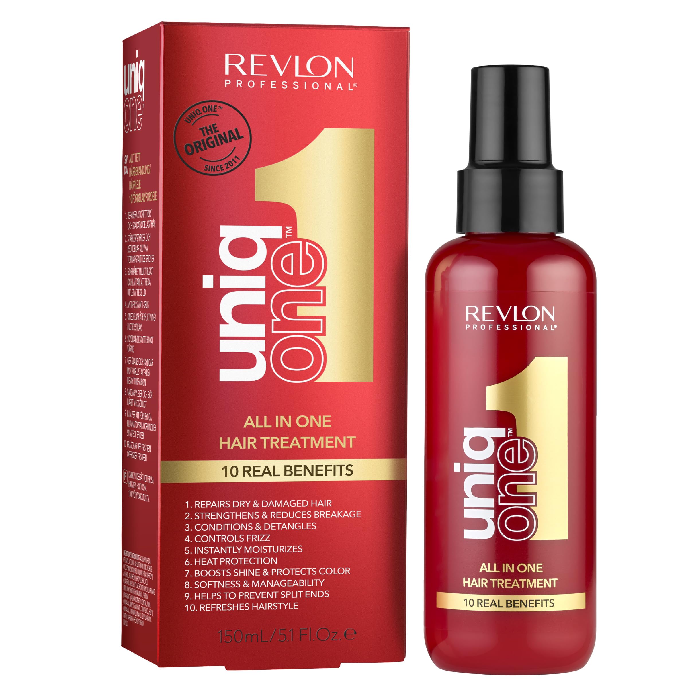 REVLON PROFESSIONAL UniqOne bottle design highlights the 10-benefit formula for smoother detangled hair.
