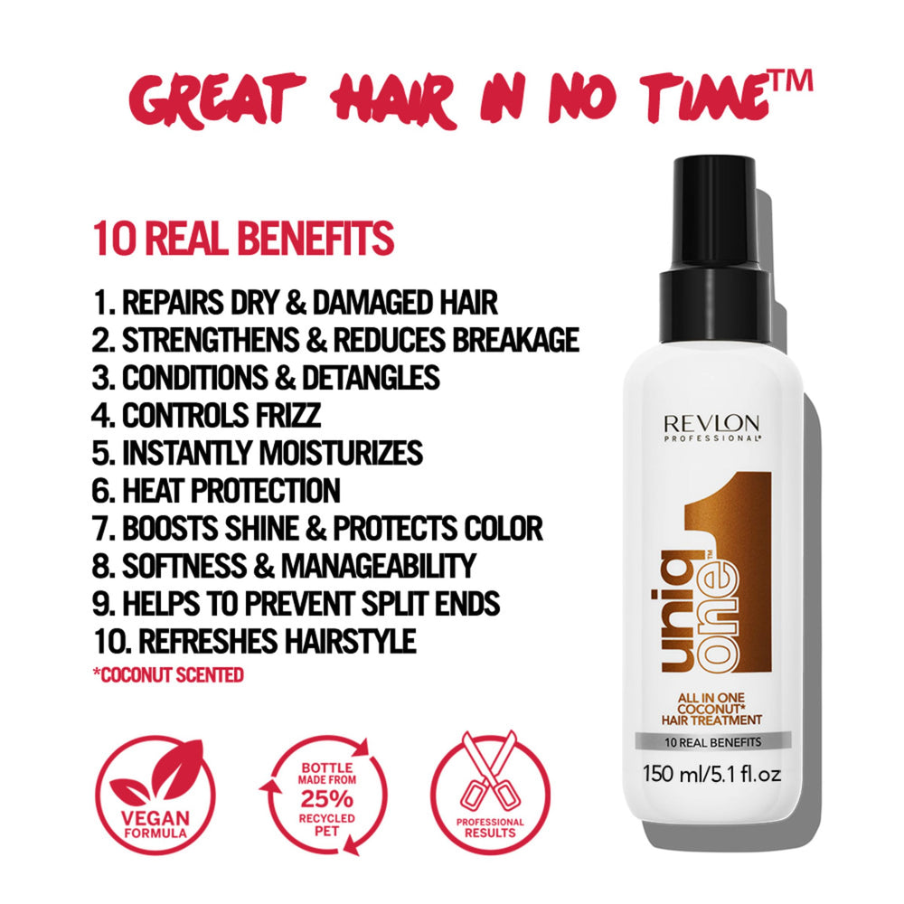 Hands applying UNIQONE on dry hair for quick refresh and smoothness
