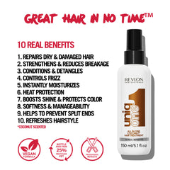 Hands applying UNIQONE on dry hair for quick refresh and smoothness