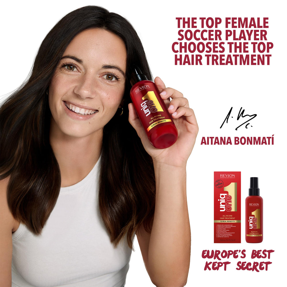 REVLON PROFESSIONAL UniqOne spray-on leave-in on wet hair for quick detangling.
