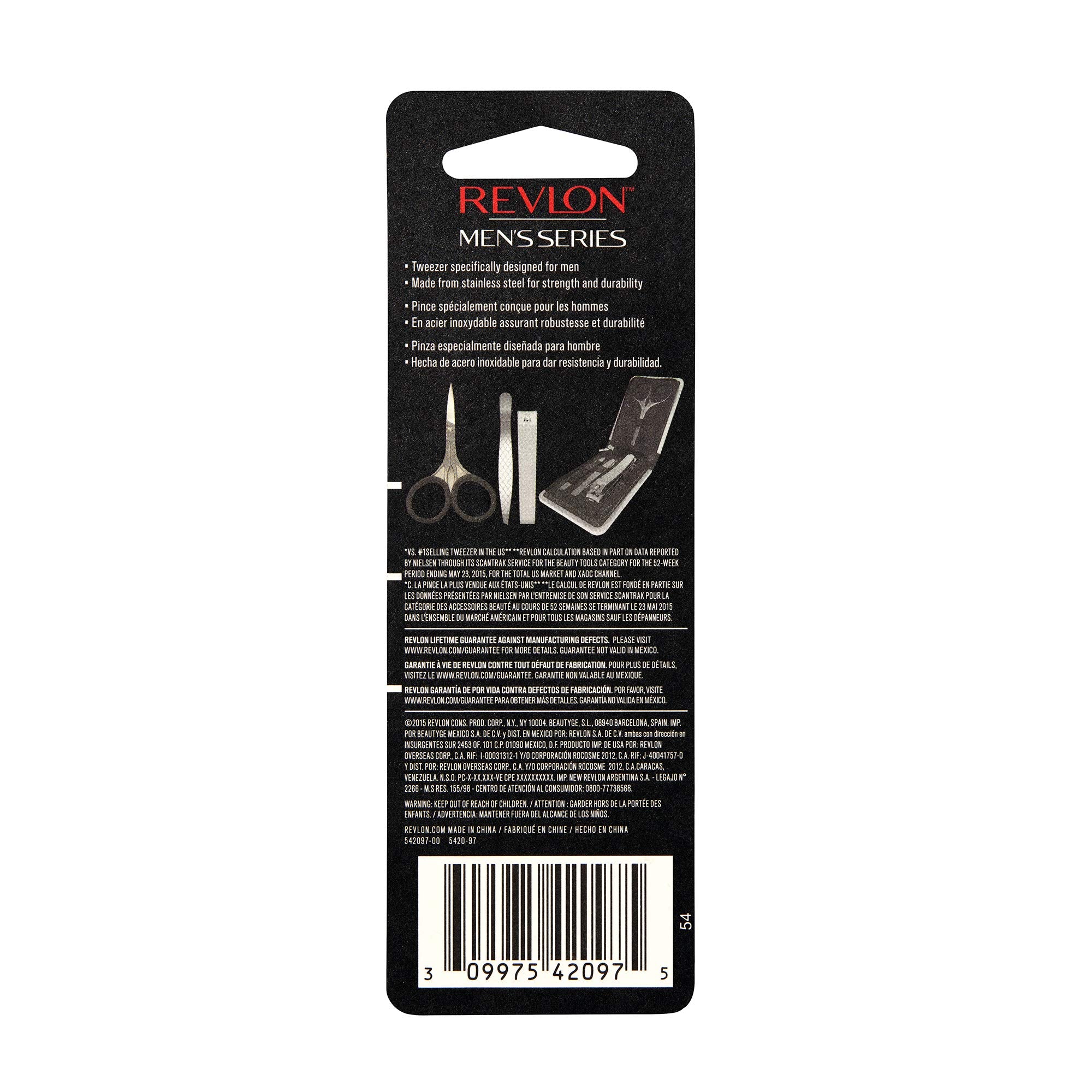 REVLON slanted-tip tweezers included in daily grooming kit for quick tweaks.