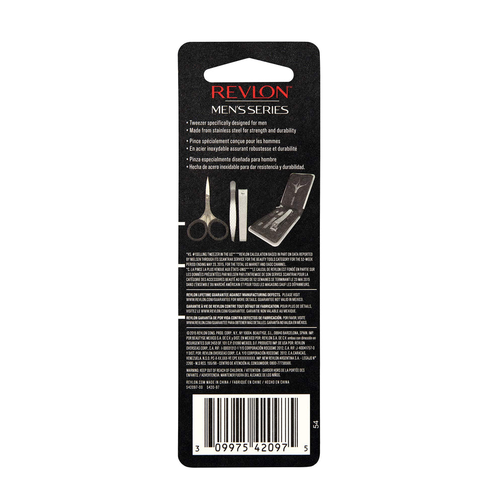 REVLON slanted-tip tweezers included in daily grooming kit for quick tweaks.