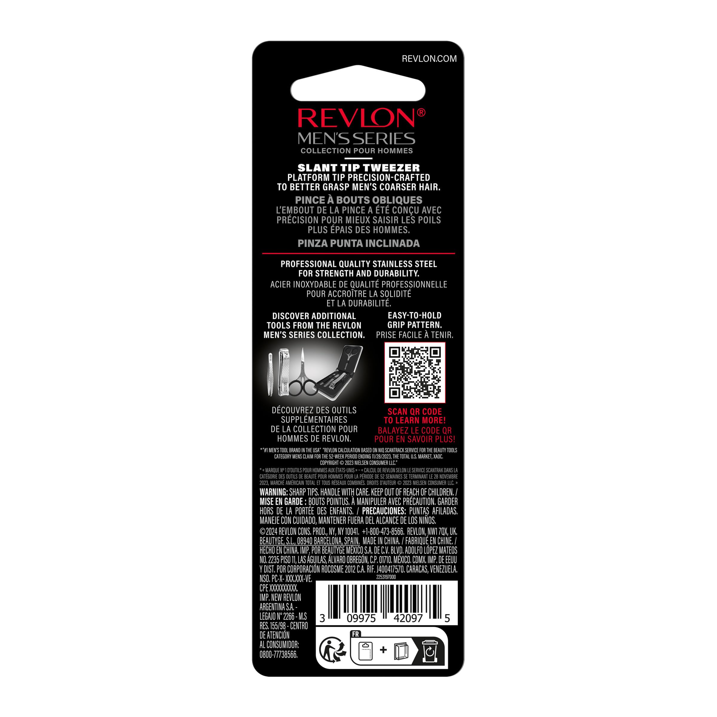 REVLON slanted-tip tweezers featuring ergonomic handle for comfortable use.
