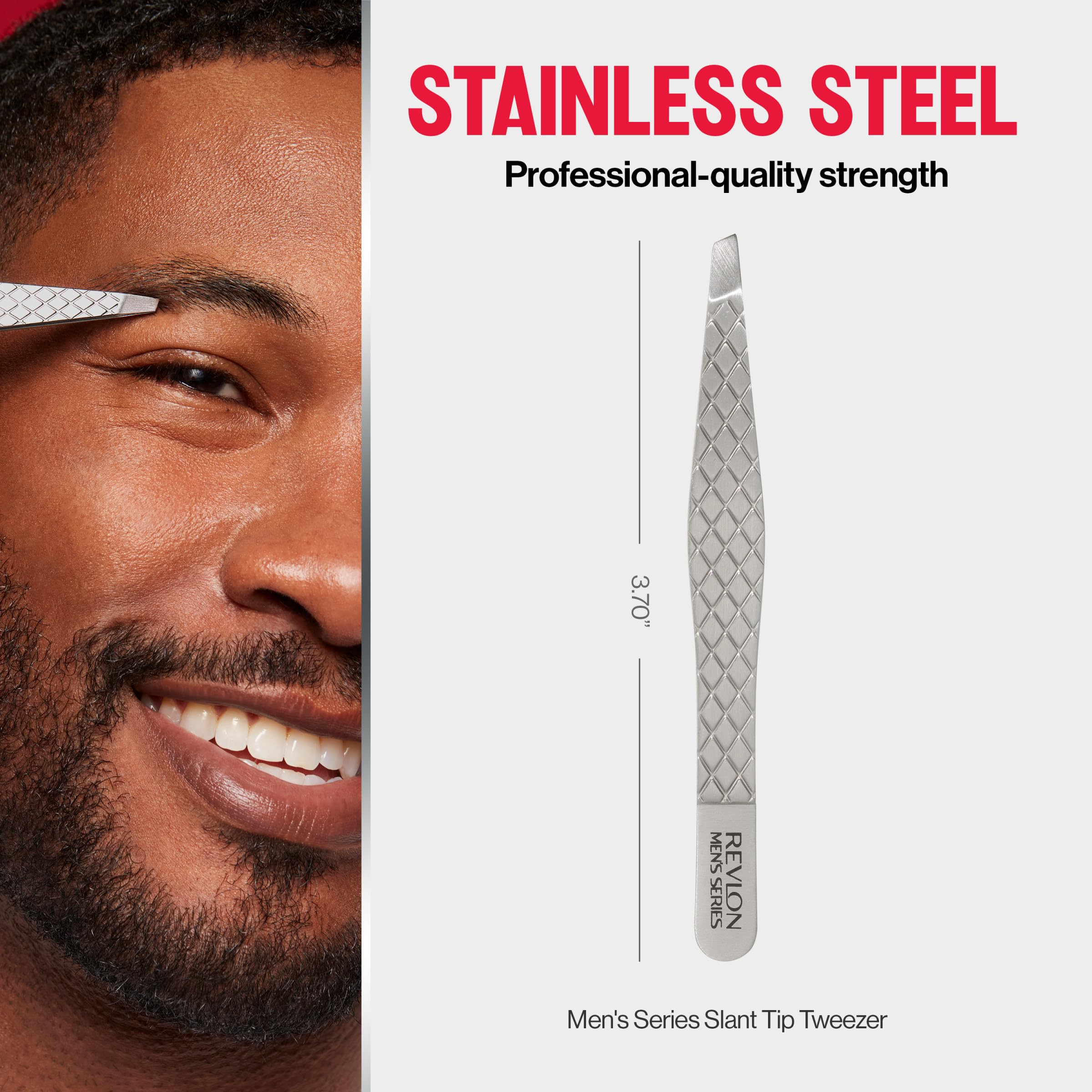 REVLON slanted-tip tweezers suited for facial hair removal touch-ups.