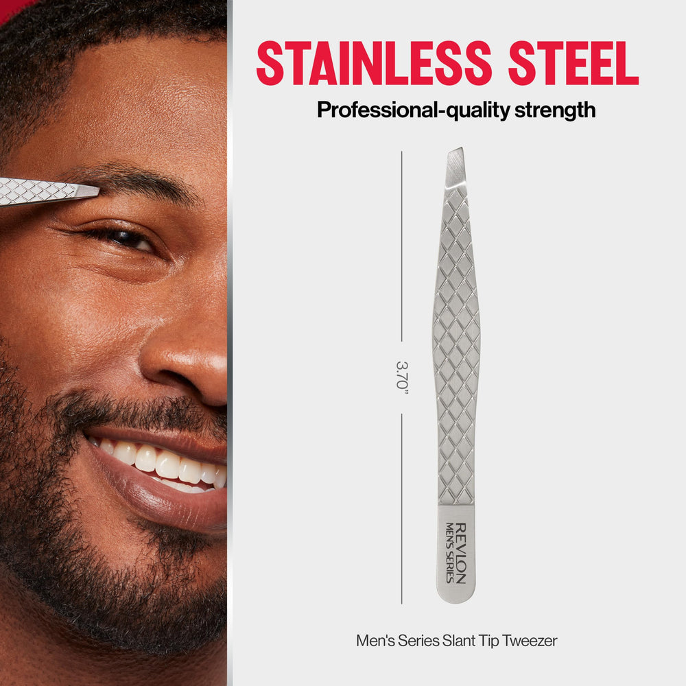 REVLON slanted-tip tweezers suited for facial hair removal touch-ups.