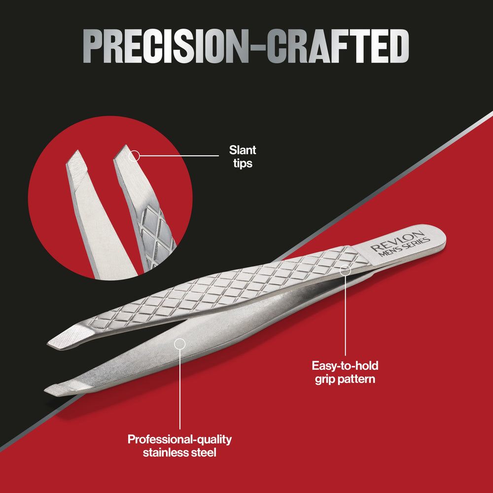 REVLON slanted-tip tweezers showing stainless steel build for durability.