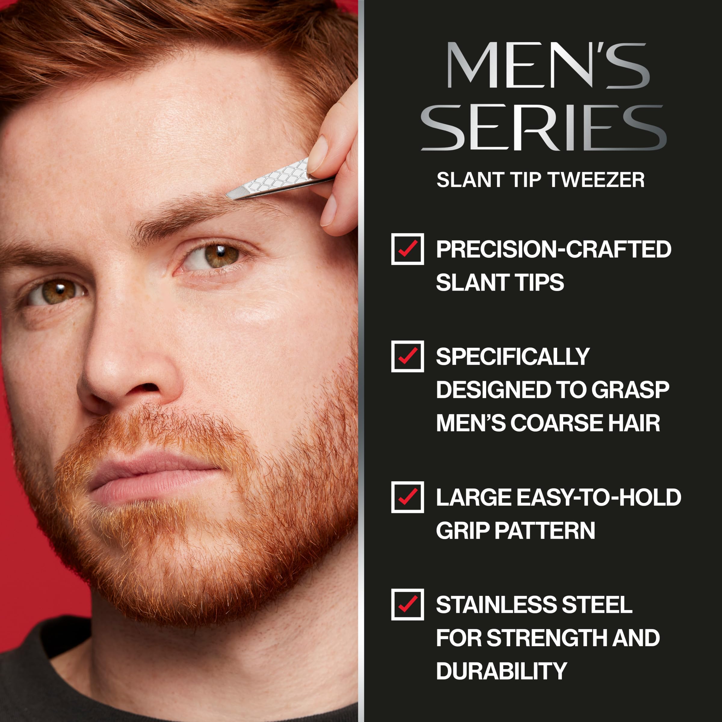 REVLON slanted-tip tweezers demonstrating strong non-slip grip for steady plucking.