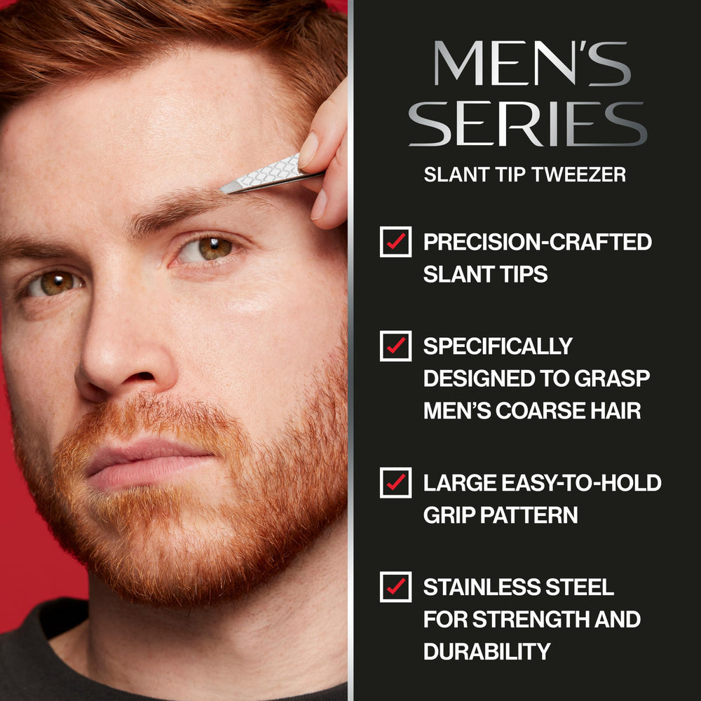 REVLON slanted-tip tweezers demonstrating strong non-slip grip for steady plucking.