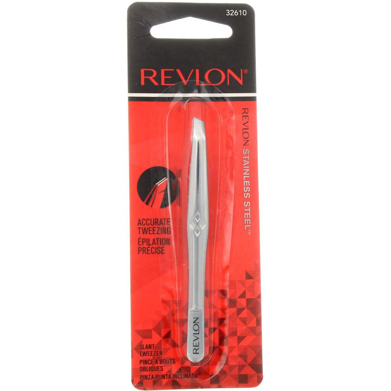 REVLON stainless steel accurate tweezers, front view, precision tweezing for grooming