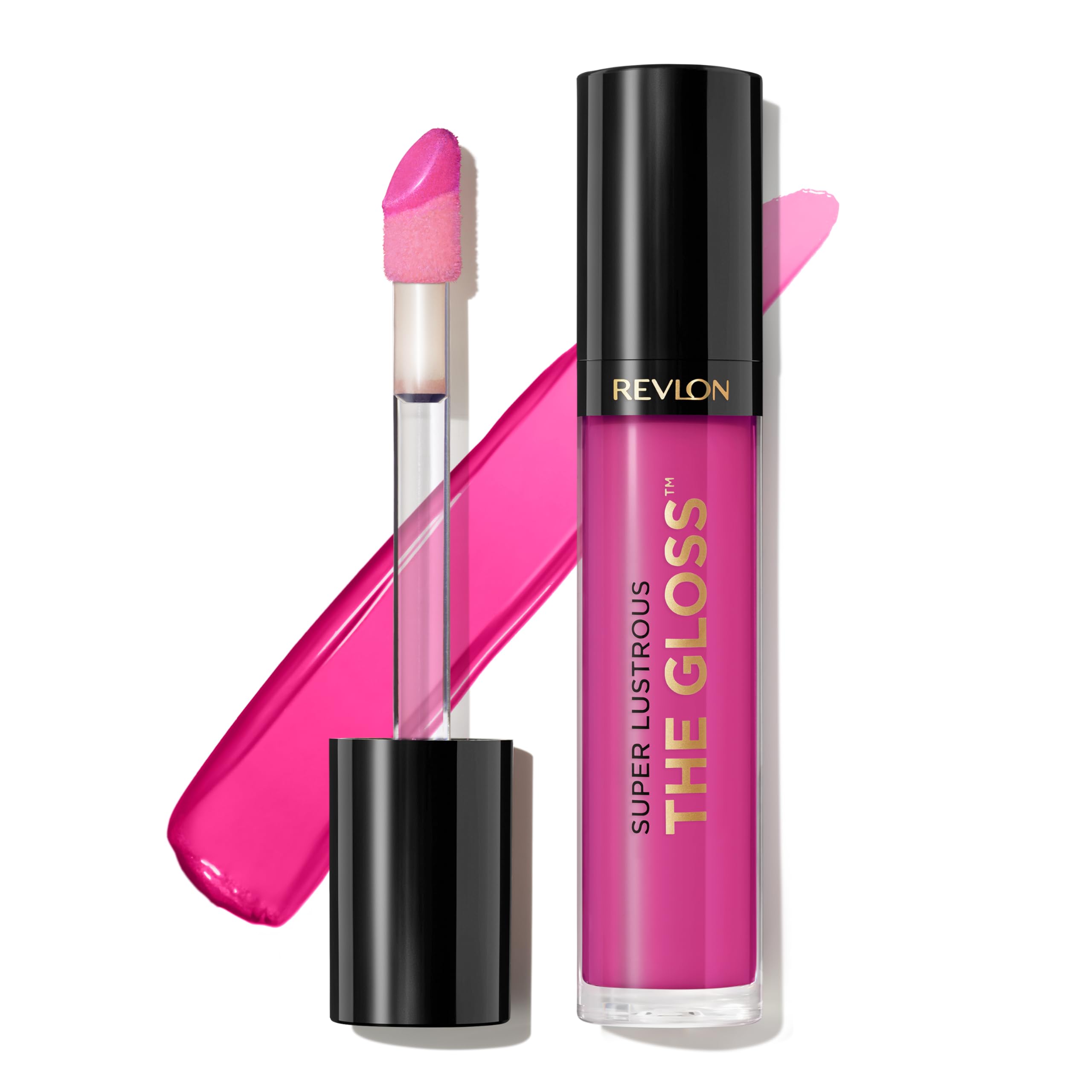 Revlon Pink Obsessed gloss swatch shows vibrant color and high shine with hydration