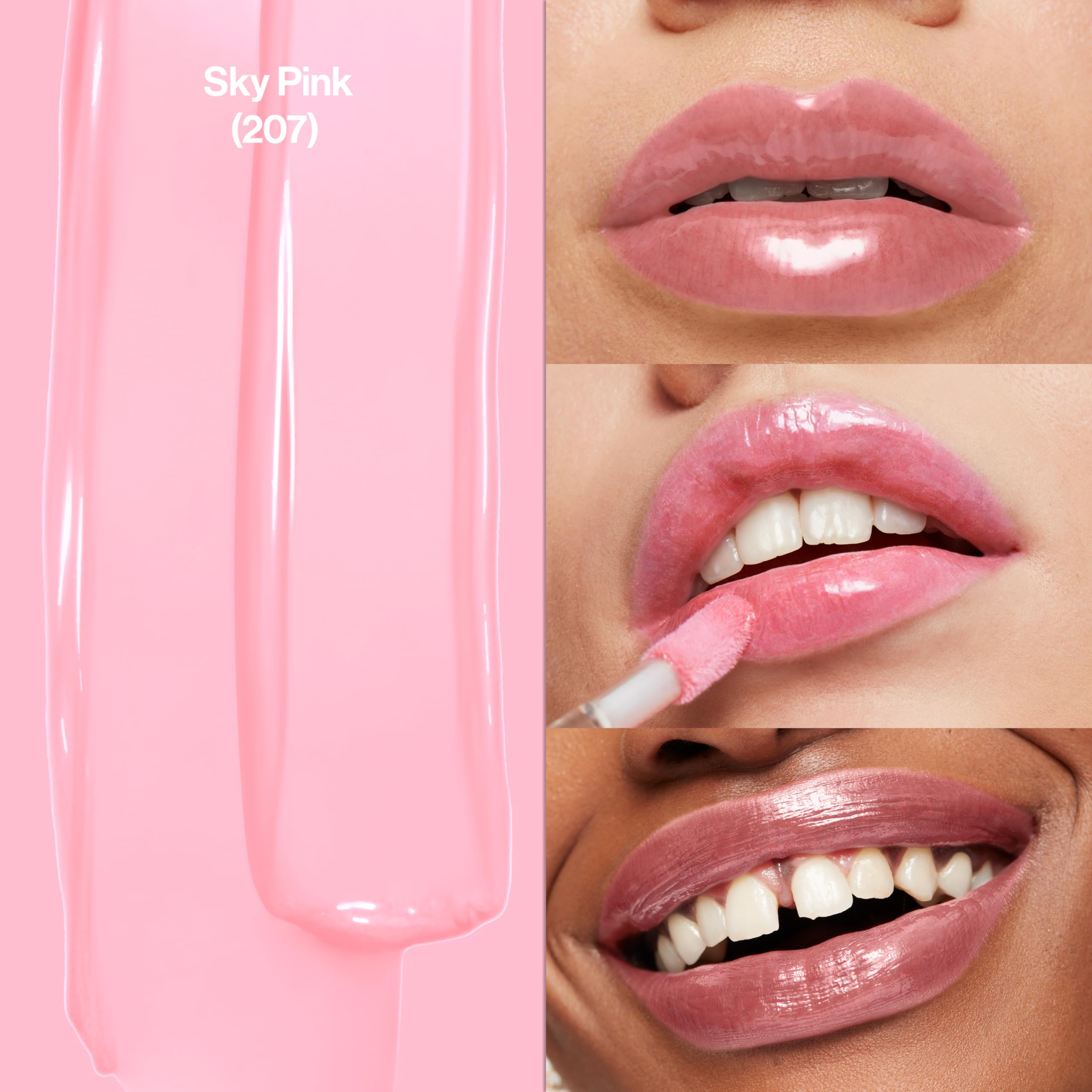 Swatch of REVLON Pink Sky gloss on arm showing sheer color and glow