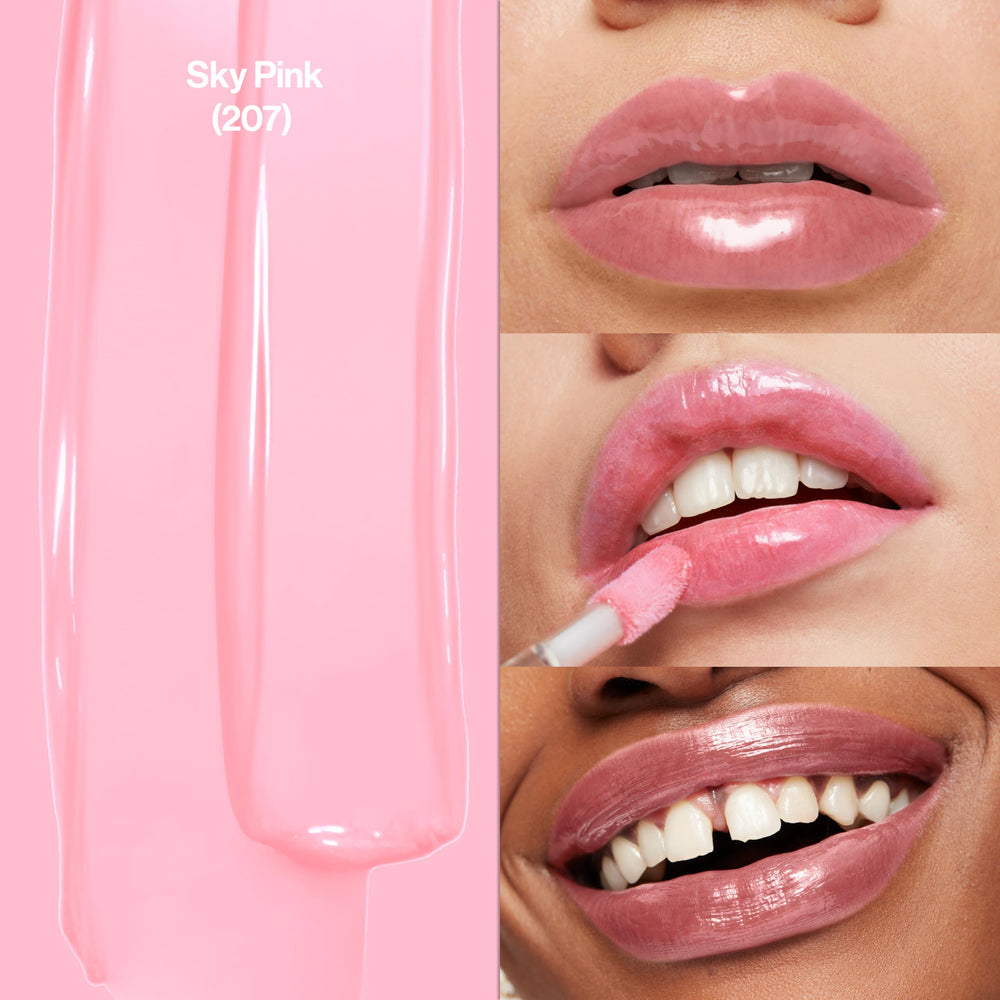 Swatch of REVLON Pink Sky gloss on arm showing sheer color and glow