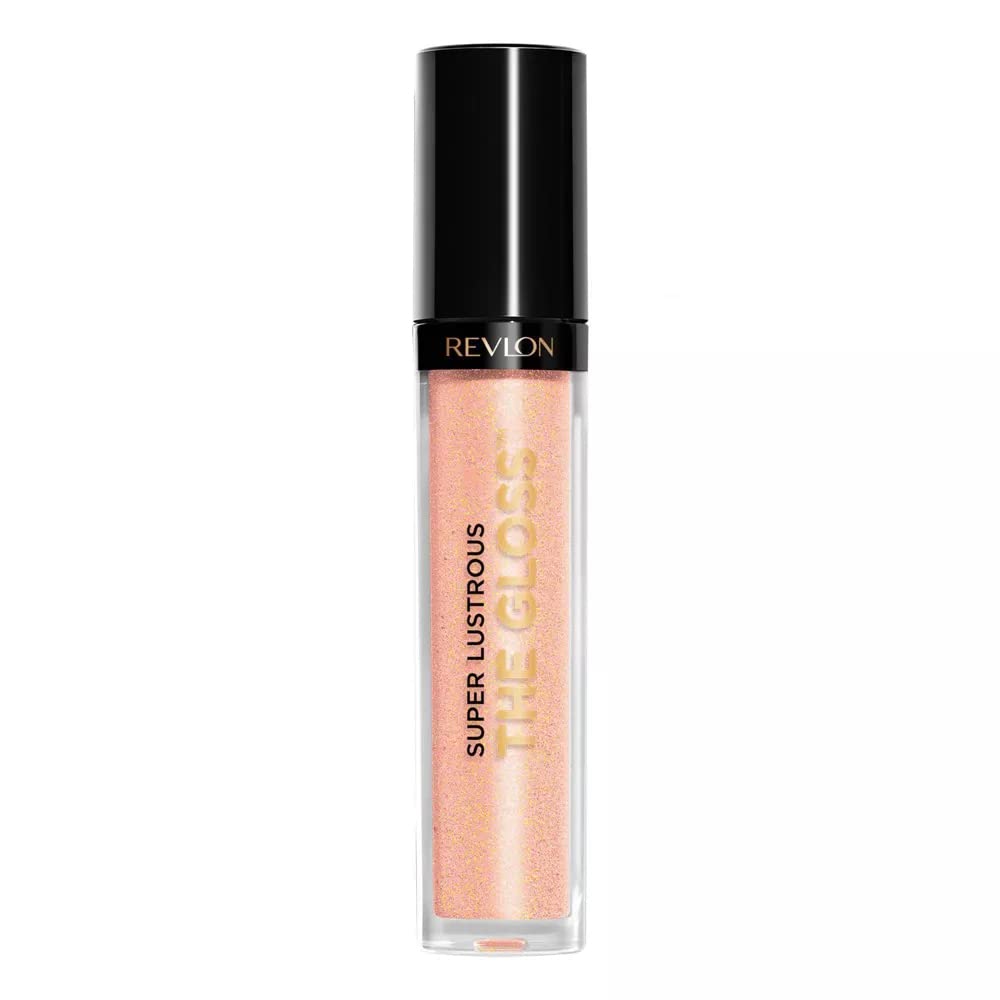 Revlon Super Lustrous Lip Gloss Sandstorm on lips for a glossy, non-sticky finish
