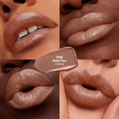 REVLON lipstick nude fury application closeup highlights smooth glide and even color