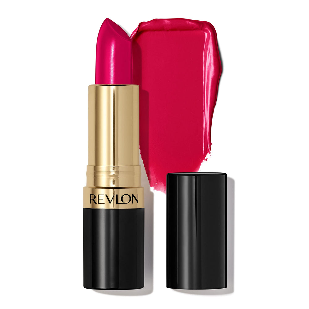 REVLON Super Lustrous Lipstick swatch shows creamy texture and rich color on lips.