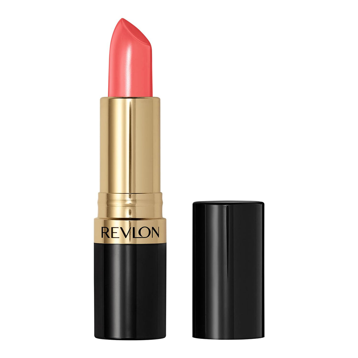 Revlon Super Lustrous Lipstick Fire Peach tube shows bold color and conditioning shine.