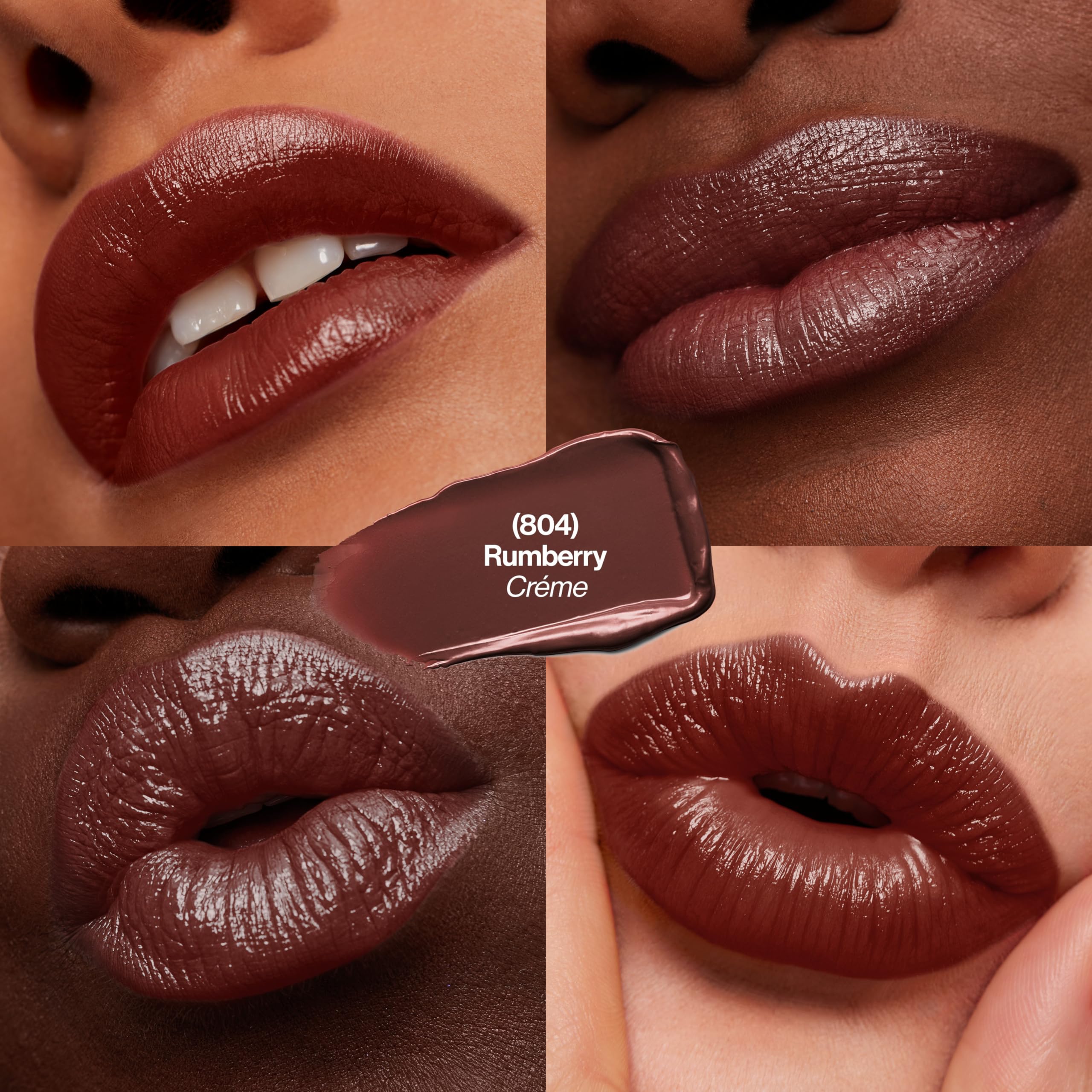 Close-up of REVLON lipstick showing microfine pigments for rich color.