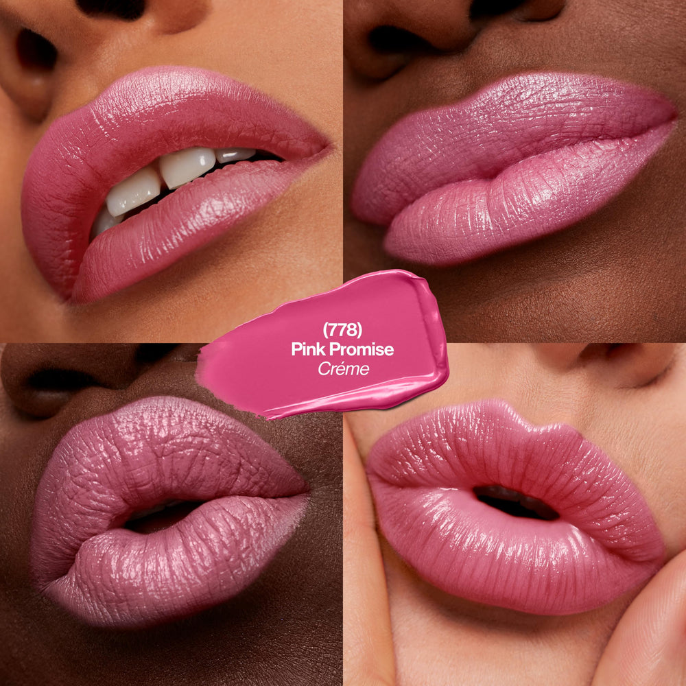 Revlon Super Lustrous Lipstick Pink Promise application swatch highlights crème finish and smooth lips.