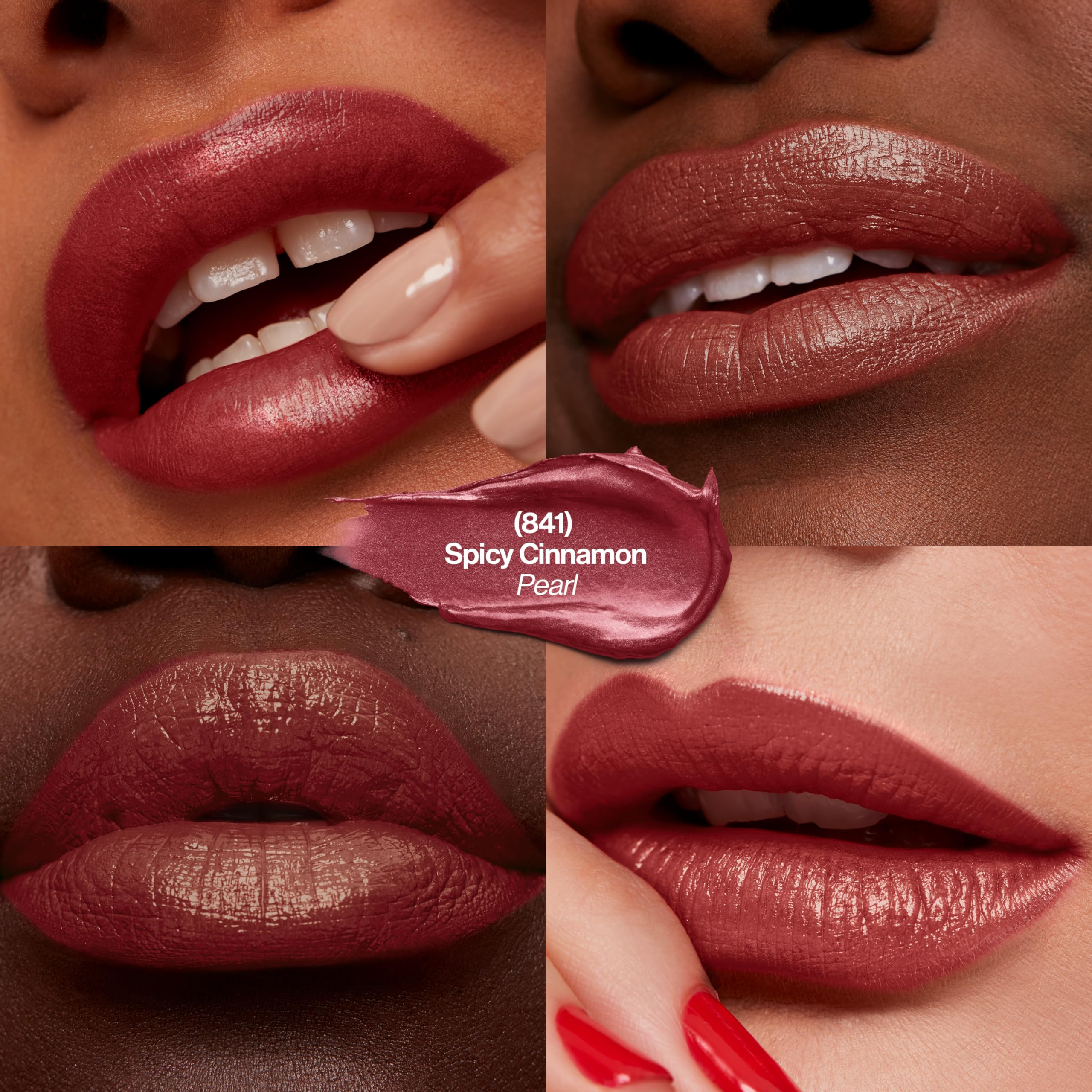 REVLON Super Lustrous Lipstick Spicy Cinnamon close-up shows smooth application.