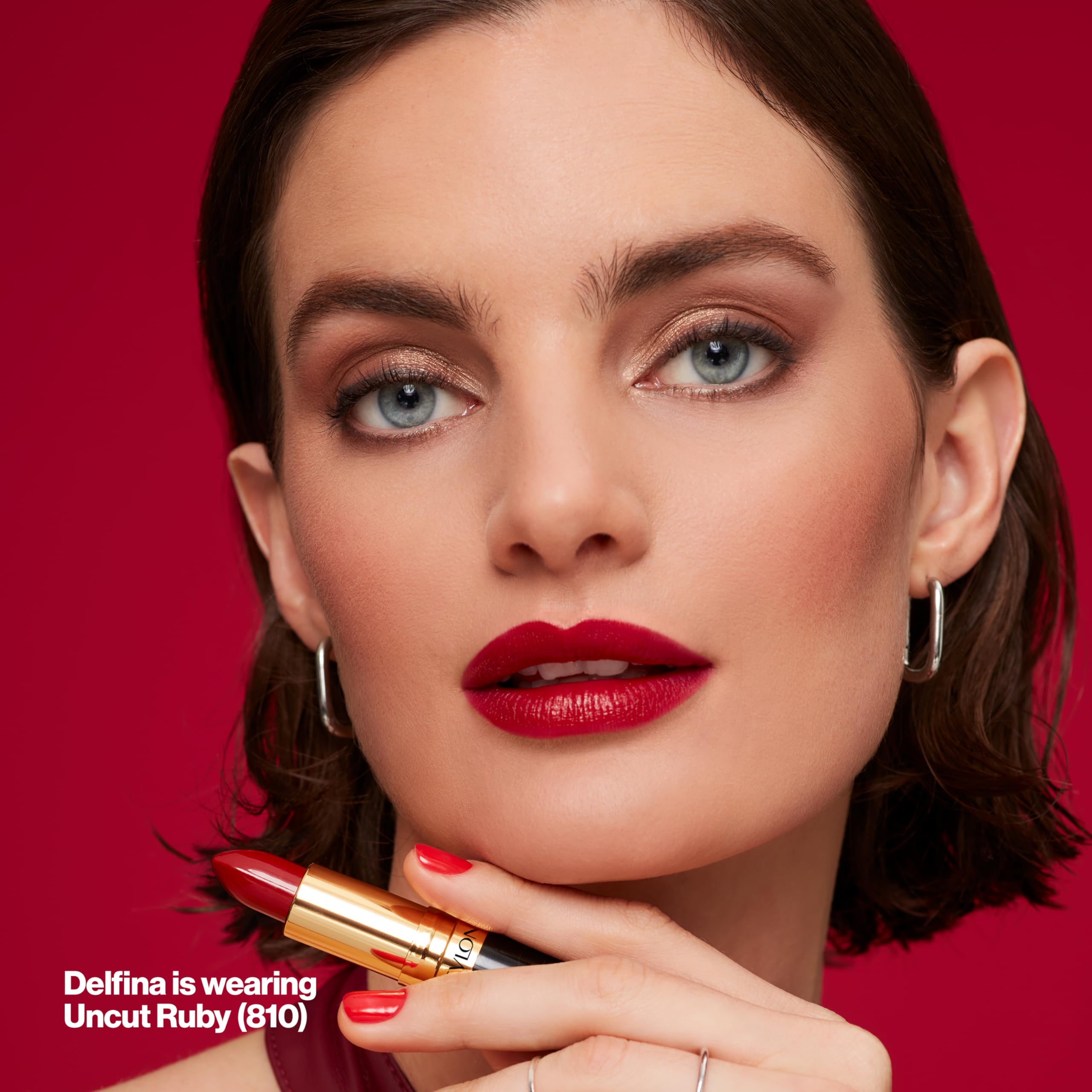 Revlon Uncut Ruby lip close-up reveals soft finish and comfortable wear.