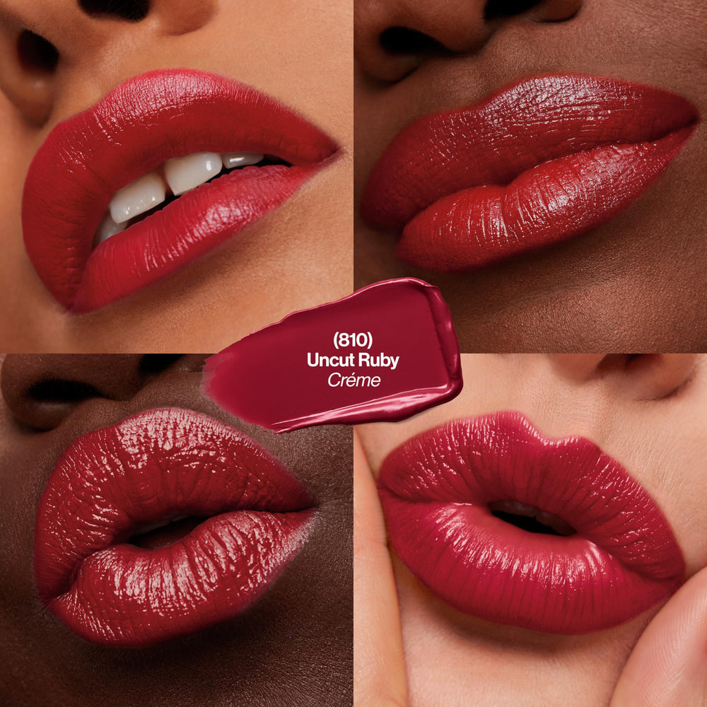 Revlon Uncut Ruby texture close-up emphasizes microfine pigments for vivid color.