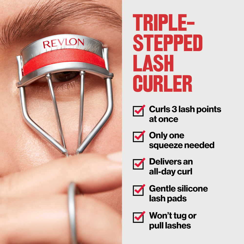 REVLON triple-stepped lash curler interlock action for full-lash lift