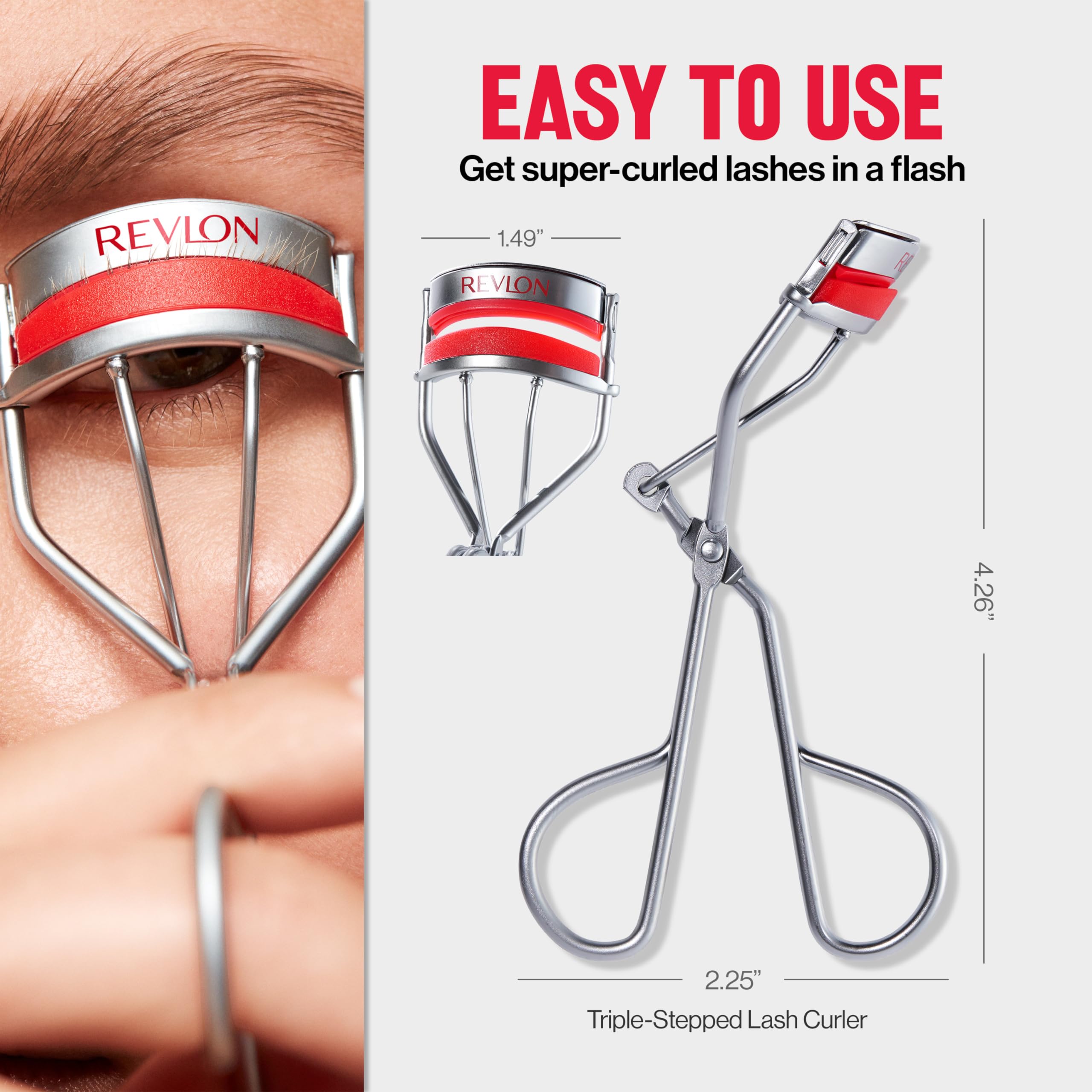 REVLON triple-stepped lash curler single-action multi-step curl visualization