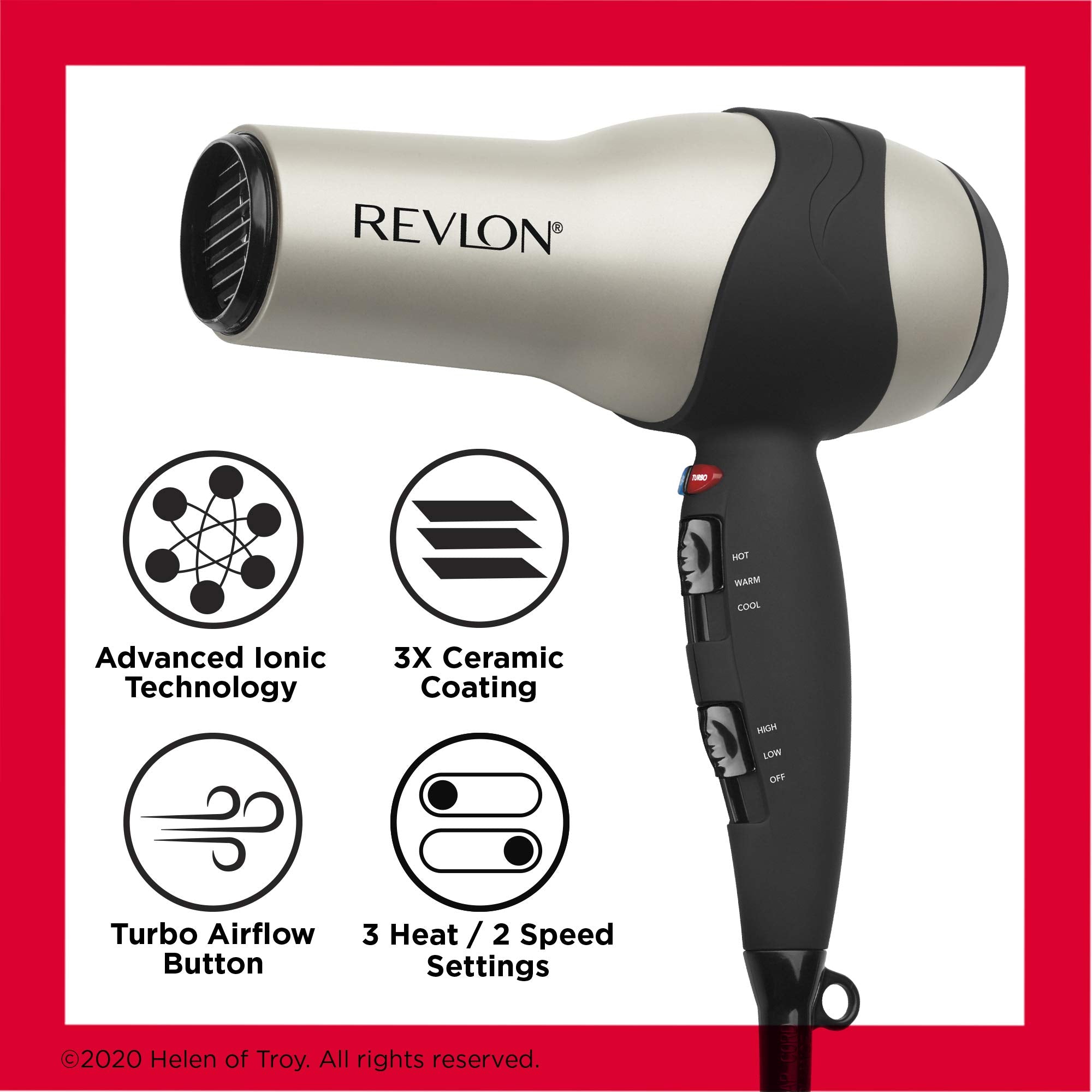 REVLON Turbo Hair Dryer offers 3 heat and 2 speed settings for tailored styling.