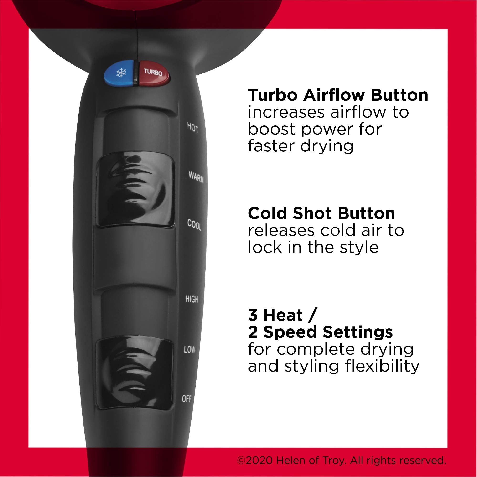 REVLON Turbo Hair Dryer turbo airflow button speeds up daily drying.