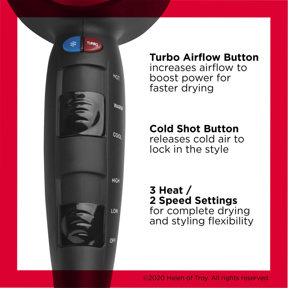 REVLON Turbo Hair Dryer turbo airflow button speeds up daily drying.